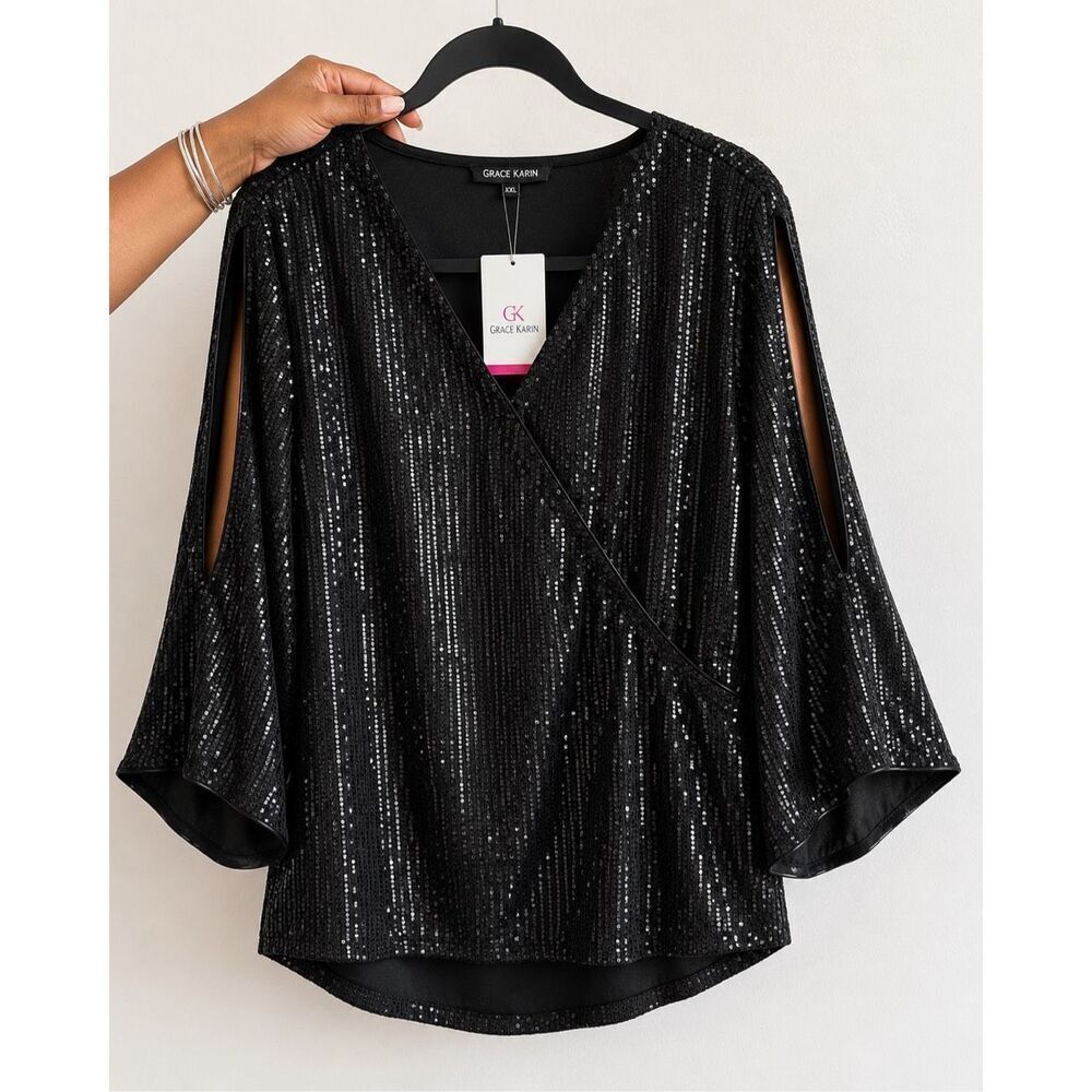 GRACE KARIN 1X2X Black Sequin Blouse Glitter V Neck Split Sleeve Dressy Party To - Picture 4 of 4
